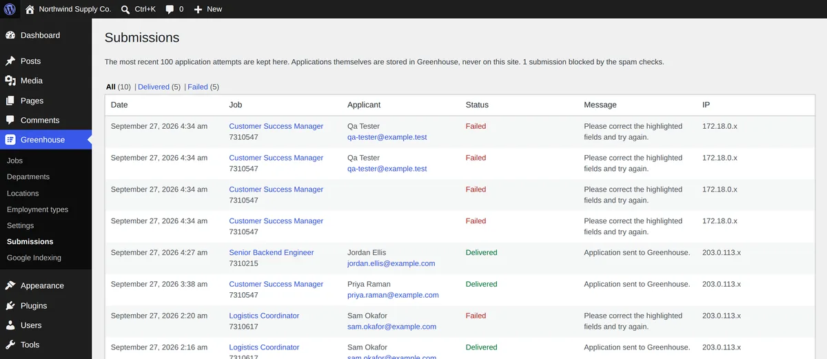 The Submissions log in wp-admin listing recent application attempts with job, applicant, status and message