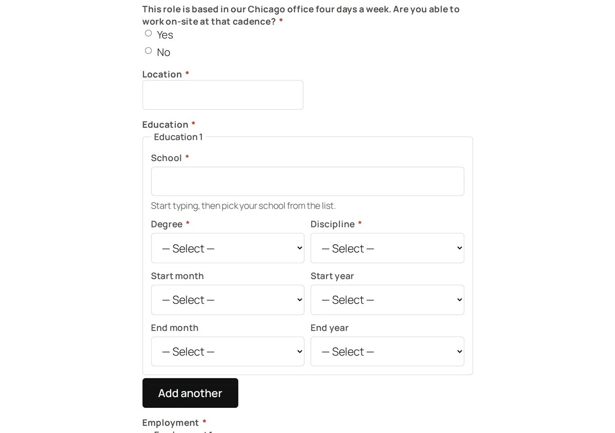 Job page with the on-site application form built from the job's Greenhouse questions