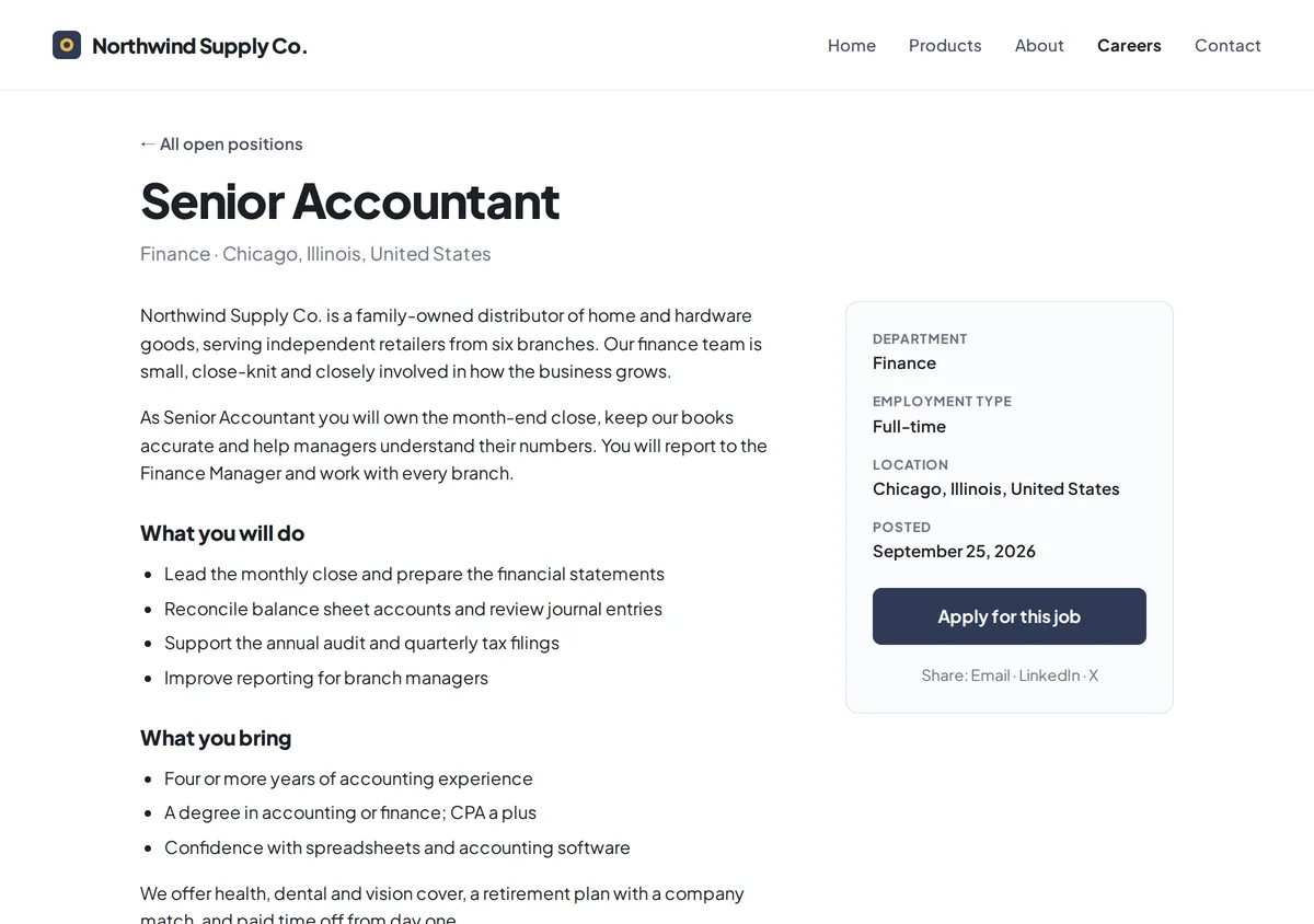 A job page with the description, the department and location, and an Apply button