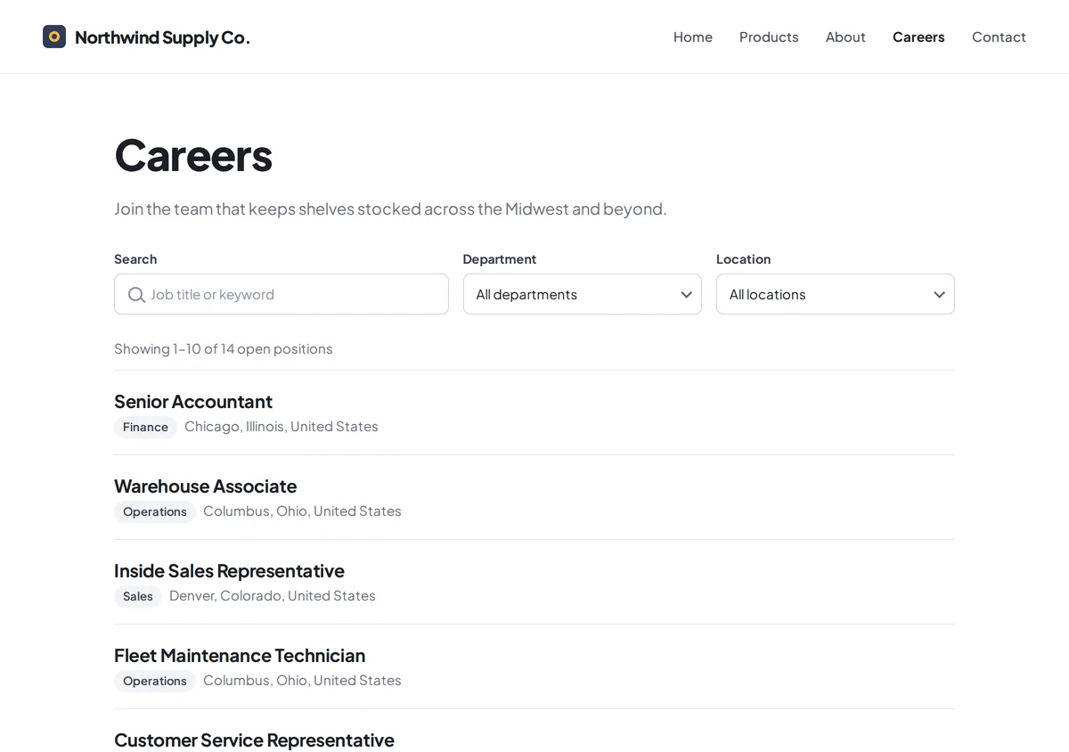 Careers page listing open jobs, with a search box and Department and Location filters