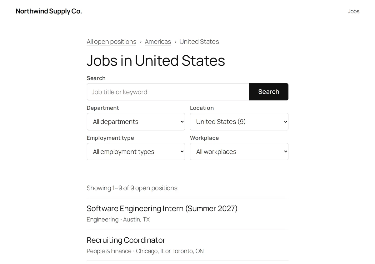 A location archive page titled Jobs in United States, with breadcrumbs, filters and the matching jobs